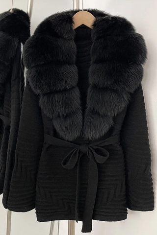 Belted Winter Coat with Faux Fur Collar – Long Sleeve Textured Fabric Jacket