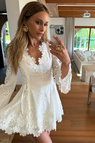 Lace Long Sleeve Mini Dress – V-Neck with Floral Detail & Adjustable Side Fit