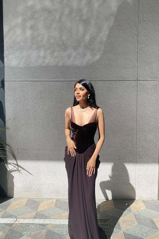 Sleeveless Velvet Corset Long Dress with Mesh Straps & Draped Chiffon Skirt