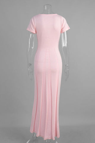Ribbed Knit Sculpted Panel Short Sleeve Long  Dress
