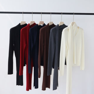 Long Sleeve Knit Top with Attached Scarf Detail and Regular Length
