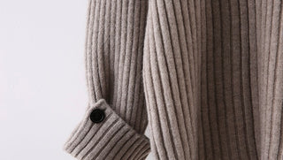 Ribbed Knit Two-Piece Set – Oversized Sweater with Button-Cuff Sleeves & High-Waist Midi Skirt