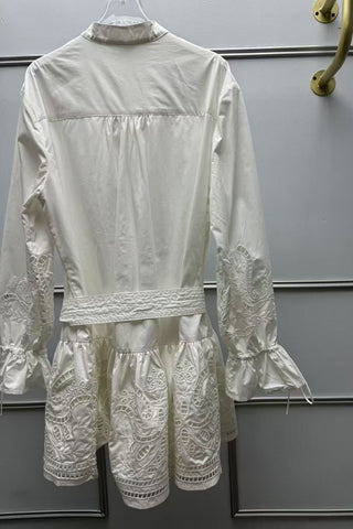 Embroidered Tie-Waist Ruffle Long Sleeve Mini Dress