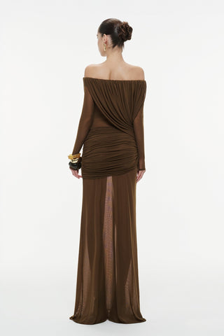 Off-Shoulder Draped Mesh Long Sleeve Long Dress