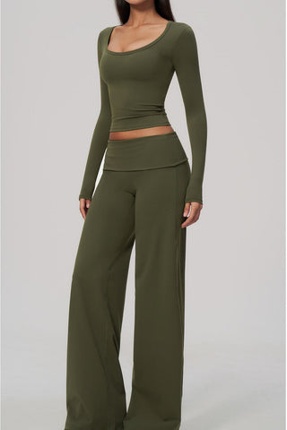 Scoop Neck Long Sleeve Top & Foldover Wide-Leg Pants Set
