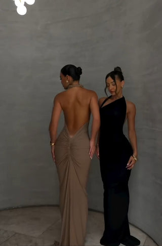 Halter Neck Ruched Open-Back Long Dress