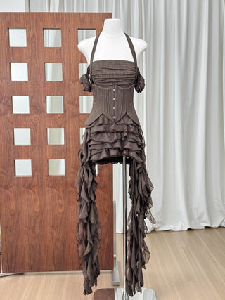 Corset Halter Asymmetric Ruffle Long Dress with Lace-Up Back
