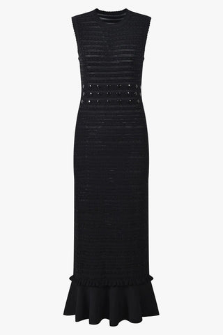 Ribbed Knit Midi Dress with Studded Waist Detail, Sleeveless Fit and Flared Hem