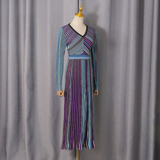 Metallic Striped Knit Maxi Dress with V-Neck and Long Sleeves