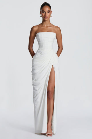 Strapless Ruched Long Dress with Lace-Up Back & High Slit