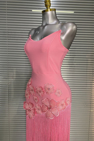 Strapless Floral Appliqué Fringe Long Dress with Bodycon Silhouette