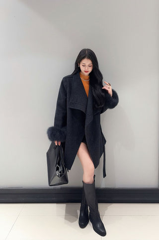 Wrap Belted Wool-Blend Jacket with Fur Cuffs