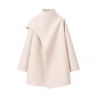 High Neck Asymmetric Wool Blend Coat with Side Pockets