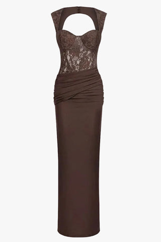 Lace Corset Draped Bodycon Long Dress with Cap Sleeves