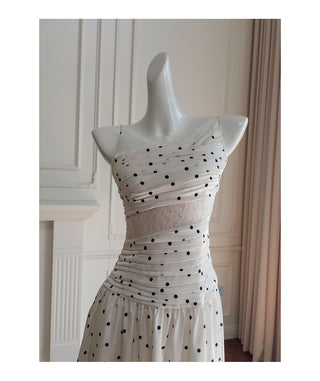 Polka Dot Lace Panel Ruched Midi Dress