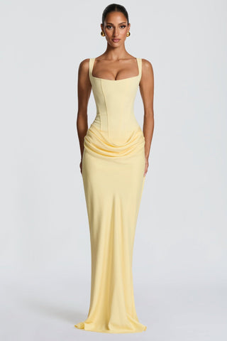 Romantic Sleeveless Corset Long Dress with Draped Waist & Lace-Up Back