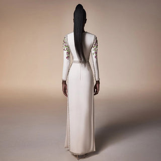 Floral Beaded Long Sleeve Long Dress with Crystal Embellishment
