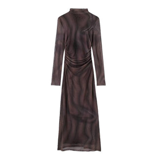 Salma Long Sleeve Marble Print Mesh Long Dress