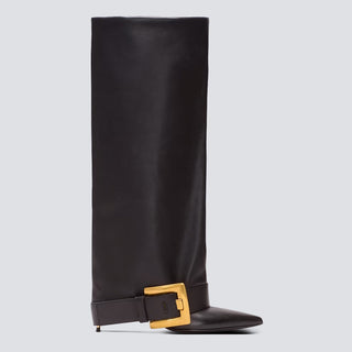 Knee-High Pointed Toe Boots with Buckle Strap Detail