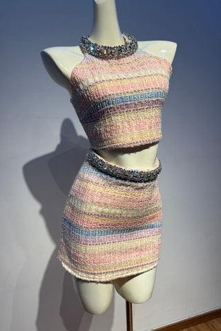 Sleeveless Textured Tweed Top & Mini Skirt Set – Embellished High Neck, Structured Fit, Feminine Statement Look