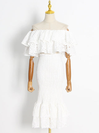 Embroidered Off Shoulder Crop   Ruffled Halfway  Set