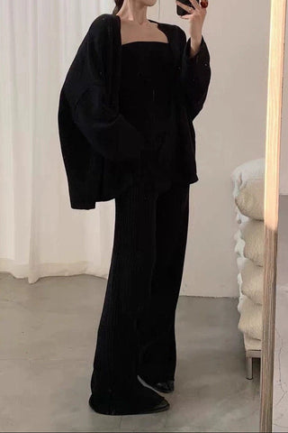 Comfy Ribbed Knit Three-Piece Cardigan, Top & Wide-Leg Pants Set