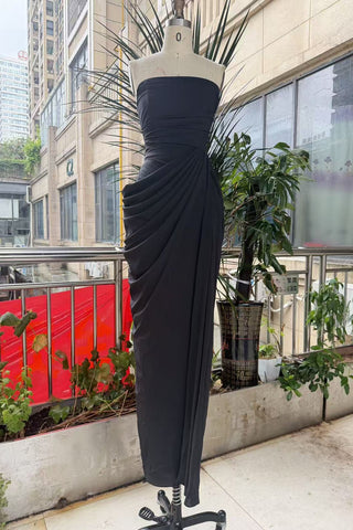 Strapless Ruched Long Dress with Lace-Up Back & High Slit