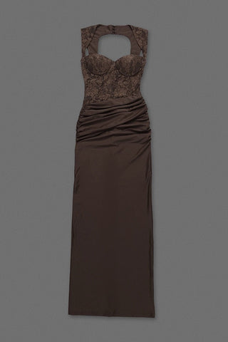 Lace Corset Draped Bodycon Long Dress with Cap Sleeves