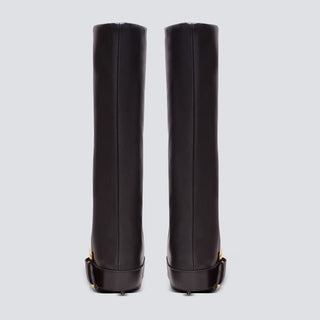 Knee-High Pointed Toe Boots with Buckle Strap Detail
