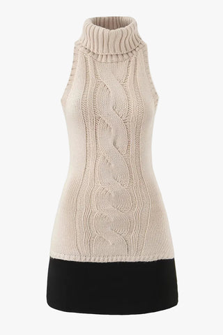 Knit Sleeveless Turtleneck Mini Dress with Contrast Hem