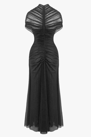 Ruched Mesh Short Sleeve Cut-Out Long Dress
