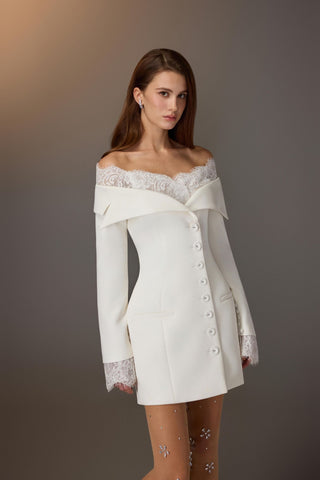 Lace Trim Off-Shoulder Tailored Blazer Mini Dress with Long Sleeves & Button Front