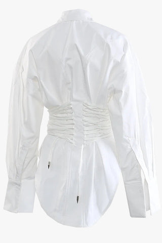 Long Sleeve Corset Waist Button-Up Shirt Dress with Lace-Up Back