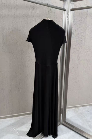 Pearl Button High Neck Short Sleeve Cutout Long Dress