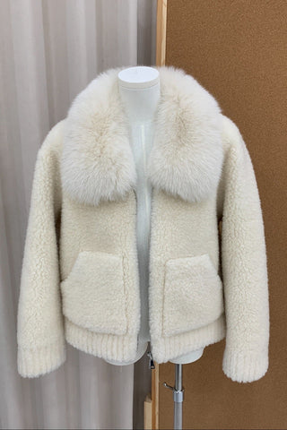 Shearling Jacket with Plush Fur Collar and Zip Front