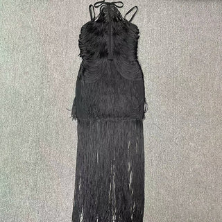 Fringe Halter Neck Bandage Long Evening Dress