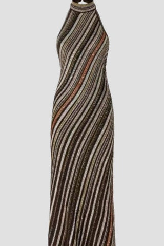 Halter Neck Open-Back Striped Knit Long Evening Dress