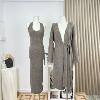 Knit Long Dress with Matching Open Cardigan Set
