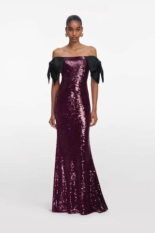 Sequin Bow Off-Shoulder Long Dress – Fitted Evening Gown