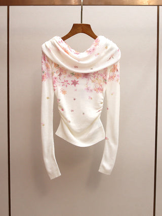Floral Print Draped Neck Knit Long Sleeve Ruched Fitted Top