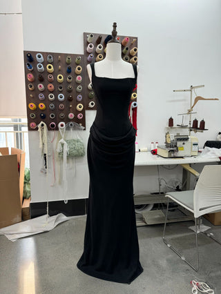 Structured Corset Back Long Dress with Draped Silhouette