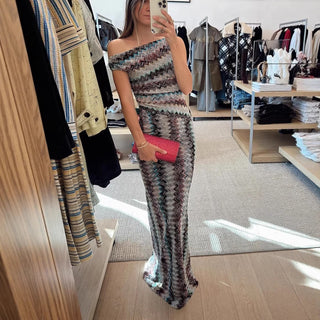 Zigzag Knit One-Shoulder Short Sleeve Long Dress