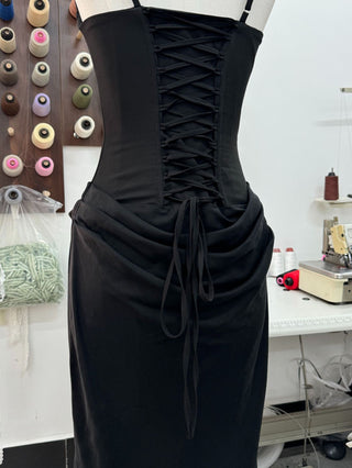 Structured Corset Back Long Dress with Draped Silhouette