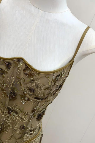 Floral Sequin Corset Long Dress – Spaghetti Strap Fitted Dress