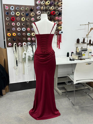 Structured Corset Back Long Dress with Draped Silhouette