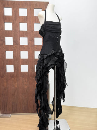 Corset Halter Asymmetric Ruffle Long Dress with Lace-Up Back