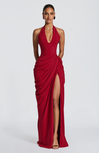 Draped Halter Corset Long Dress with High Slit
