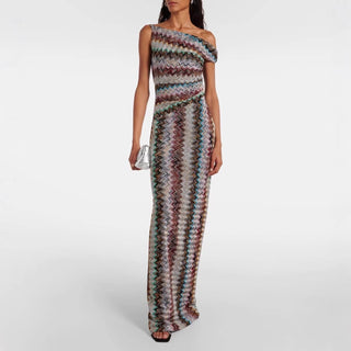 Zigzag Knit One-Shoulder Short Sleeve Long Dress
