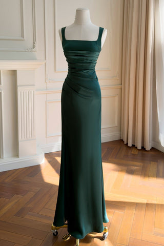 Ruched Square Neck Sleeveless Satin Draped Back Long Dress