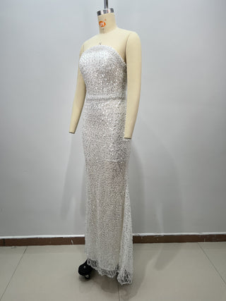 Pearl & Sequin Embellished Strapless Corset Long Dress